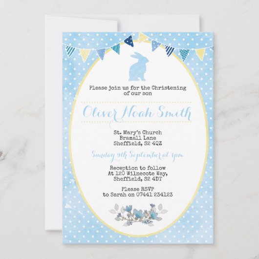 Baby Boy Rabbit Christening/Baptism Uitnodiging (Voorkant)