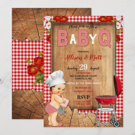 Baby Boy Red Gingham Wood Flowers Baby Q Barbecue Kaart (Voorkant / Achterkant)