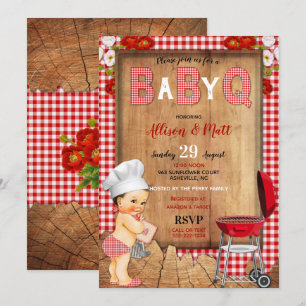 Baby Boy Red Gingham Wood Flowers Baby Q Barbecue Kaart