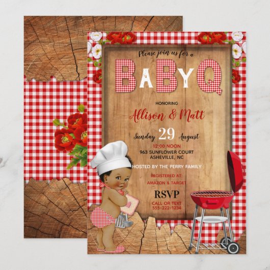 Baby Boy Red Gingham Wood Flowers Baby Q Barbecue Kaart (Voorkant / Achterkant)