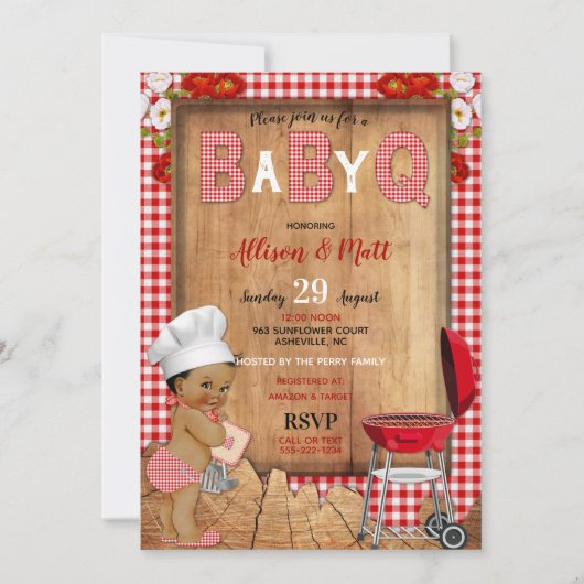 Baby Boy Red Gingham Wood Flowers Baby Q Barbecue Kaart (Voorkant)