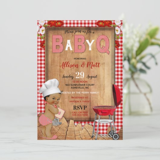 Baby Boy Red Gingham Wood Flowers Baby Q Barbecue Kaart (Staand voorkant)