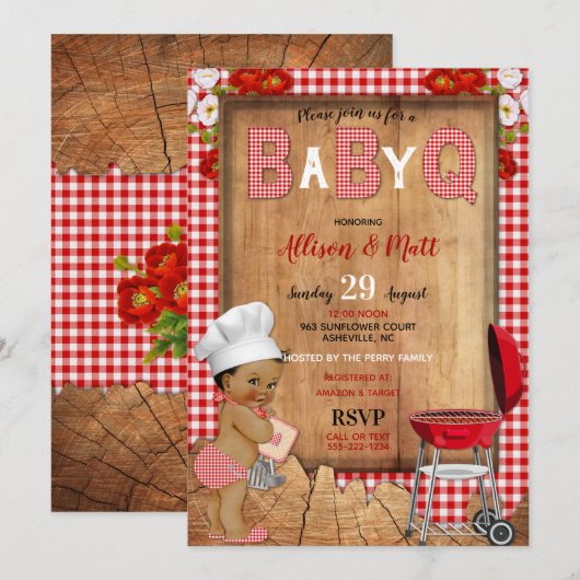Baby Boy Red Gingham Wood Flowers Baby Q Barbecue Kaart (Voorkant / Achterkant)