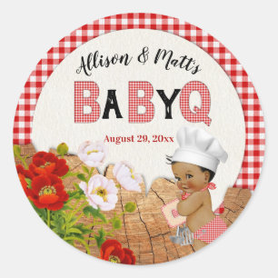 Baby Boy Rode Gingham Hout Bloem Baby Q BBQ Ronde Sticker