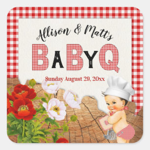 Baby Boy Rode Gingham Hout Bloem Baby Q BBQ Vierkante Sticker