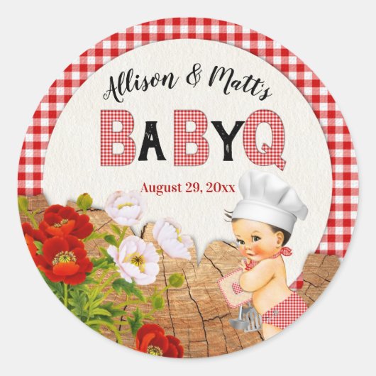 Baby Boy Rood Gingham Hout Bloemen Baby Q BBQ Ronde Sticker (Voorkant)