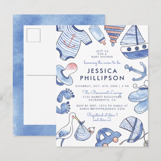 Baby Boy Sailor | Schattige blauw nautisch Baby sh Uitnodiging Briefkaart (Voorkant / Achterkant)