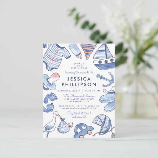 Baby Boy Sailor | Schattige blauw nautisch Baby sh Uitnodiging Briefkaart (Staand voorkant)