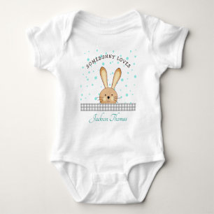 Baby Boy Schattige Bunny Love Blauwgroen/Grijs Gep Romper