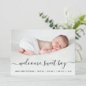 Baby Boy Script Harten Foto geboorteaankondiging Aankondiging (Staand voorkant)