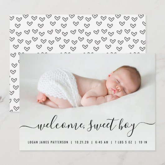 Baby Boy Script Harten Foto geboorteaankondiging Aankondiging (Voorkant / Achterkant)