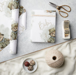 Baby Boy Script Hunter Teddy Bear Baby shower Cadeaupapier