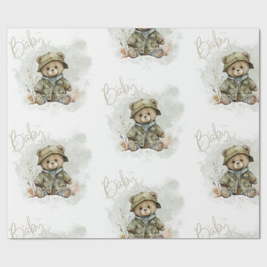 Baby Boy Script Hunter Teddy Bear Baby shower Cadeaupapier (Vlak)