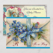 BABY BOY SHOWER/BLUE BOW, FLOWERS MONOGRAM KAART (Voorkant / Achterkant)