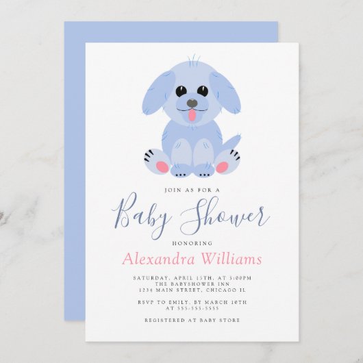 Baby Boy Shower Blue Personalized Puppy Kaart (Voorkant / Achterkant)