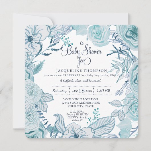 Baby Boy Shower Blue Waterverf Floral Foliage Kaart (Voorkant)