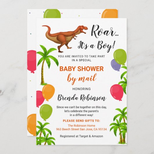 Baby Boy Shower by Mail Roar Oerwoud Dinosaur Kaart (Voorkant / Achterkant)