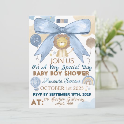 Baby Boy Shower Cute Lion Uitnodiging (Staand voorkant)