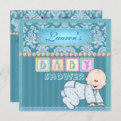 BABY BOY SHOWER Damask Invitation Kaart (Voorkant / Achterkant)
