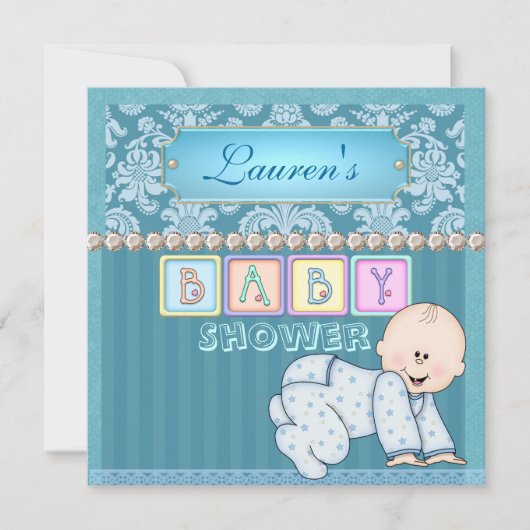 BABY BOY SHOWER Damask Invitation Kaart (Voorkant)