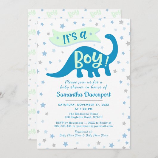 Baby Boy Shower Dinosaur Blue Theme Het is een jon Kaart (Voorkant / Achterkant)