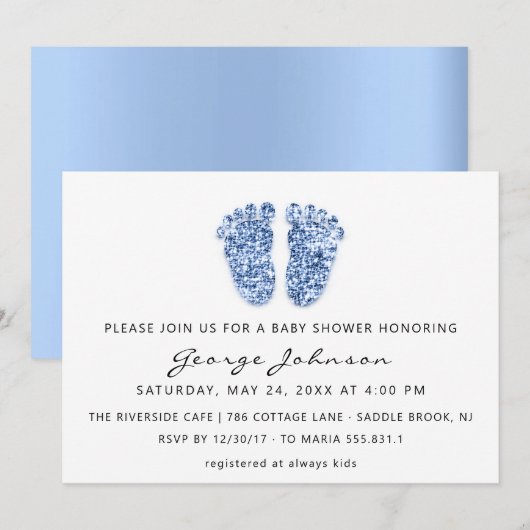 Baby Boy Shower Feet Glitter Blue White Kaart (Voorkant / Achterkant)