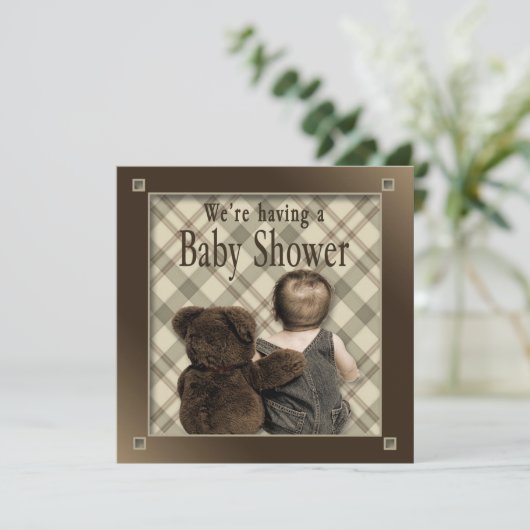 BABY BOY SHOWER INVITATION - BABY EN TEDDY BEAR KAART (Staand voorkant)