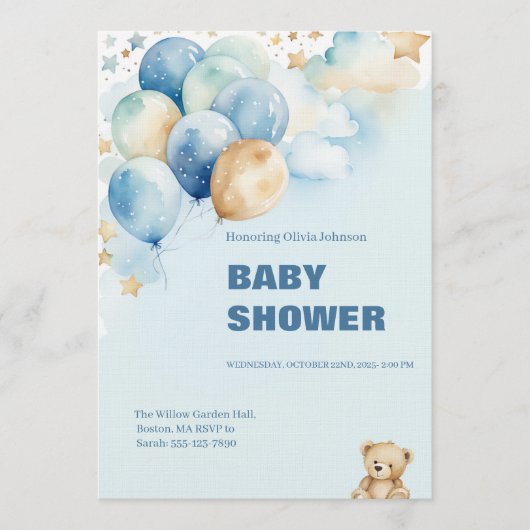 Baby Boy Shower Invitation | Blue Teddy Bear Kaart (Voorkant)