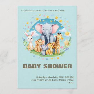 Baby Boy Shower Invitation Cartoon Animals Kaart