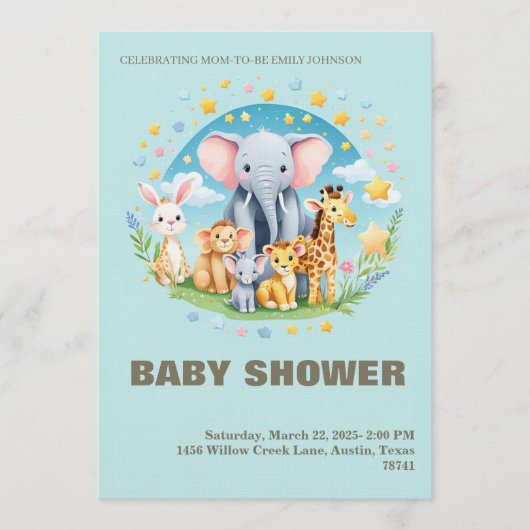 Baby Boy Shower Invitation Cartoon Animals Kaart (Voorkant)