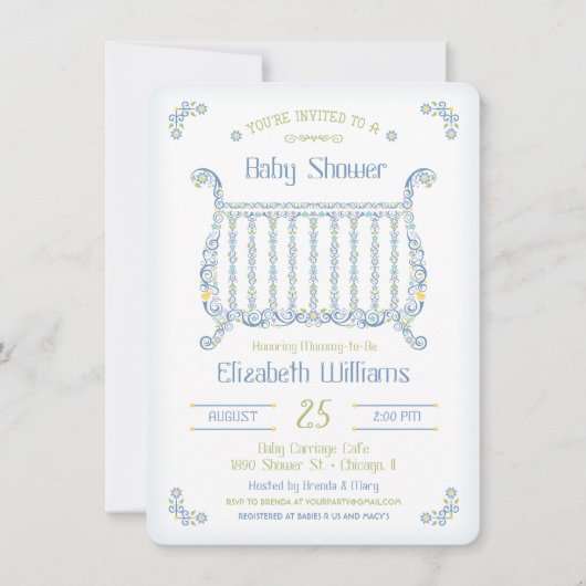 Baby Boy Shower Invitation - Lacy Wieg - Blauw Kaart (Voorkant)