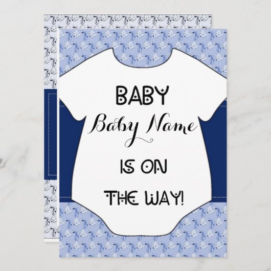Baby Boy Shower Invitation Stork Bodysuit Blue Kaart (Voorkant / Achterkant)