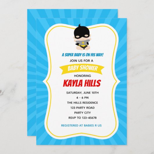 Baby Boy Shower Invitations (Superheld) Blue Kaart (Voorkant / Achterkant)