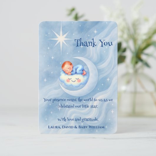 Baby Boy Shower Nodig Moonlight Stars Waterverf ui Bedankkaart (Staand voorkant)