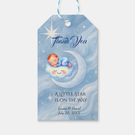 Baby Boy Shower Nodig Moonlight Stars Waterverf ui Cadeaulabel (Voorkant)