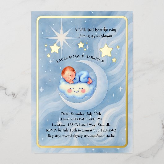 Baby Boy Shower Nodig Moonlight Stars Waterverf ui Folie Uitnodiging (Voorkant)