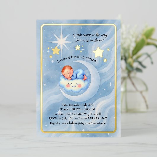Baby Boy Shower Nodig Moonlight Stars Waterverf ui Folie Uitnodiging (Staand Voorkant)