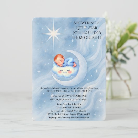 Baby Boy Shower Nodig Moonlight Stars Waterverf ui Kaart (Staand voorkant)