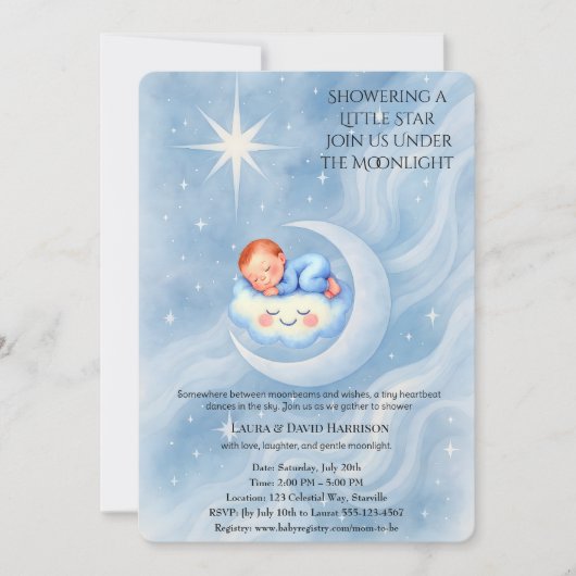 Baby Boy Shower Nodig Moonlight Stars Waterverf ui Kaart (Voorkant)