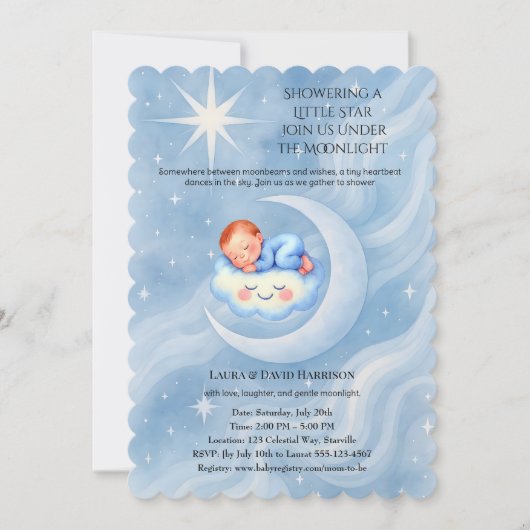 Baby Boy Shower Nodig Moonlight Stars Waterverf ui Kaart (Voorkant)