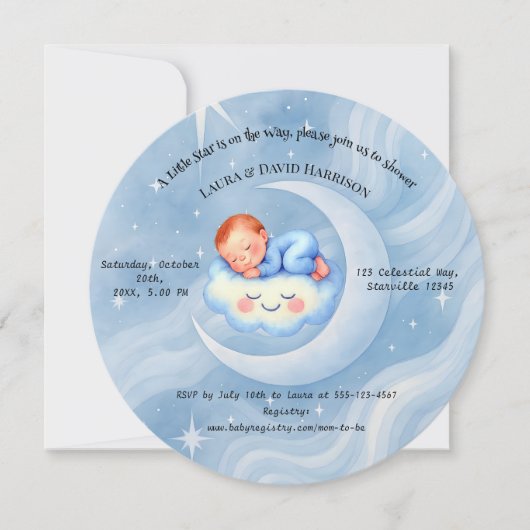 Baby Boy Shower Nodig Moonlight Stars Waterverf ui Kaart (Voorkant)