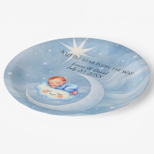 Baby Boy Shower Nodig Moonlight Stars Waterverf ui Papieren Bordje (Gekanteld)