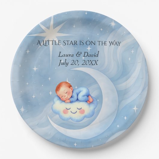 Baby Boy Shower Nodig Moonlight Stars Waterverf ui Papieren Bordje (Voorkant)