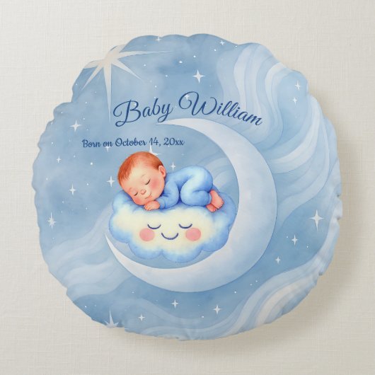 Baby Boy Shower Nodig Moonlight Stars Waterverf ui Rond Kussen (Voorkant)