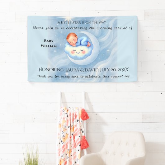 Baby Boy Shower Nodig Moonlight Stars Waterverf ui Spandoek (Insitu)