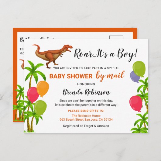Baby Boy Shower Per Post Roar Jungle Dinosaur Briefkaart (Voorkant / Achterkant)