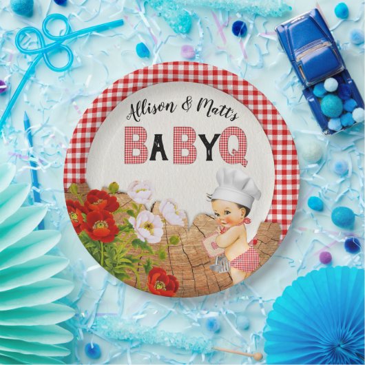 Baby Boy Shower Red Gingham Baby Q Barbeque Papieren Bordje (Feest)