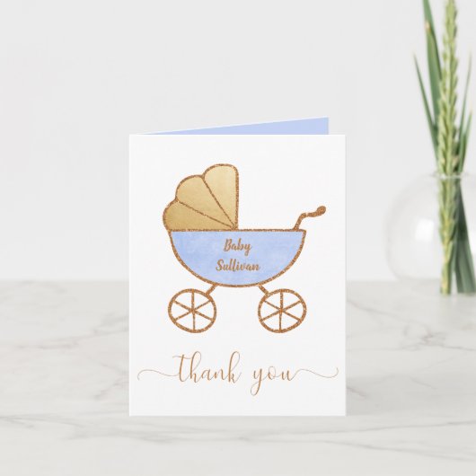 Baby Boy Shower Retro Carriage Blue Gold Bedankkaart (Voorkant)