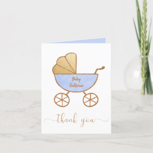 Baby Boy Shower Retro Carriage Blue Gold Bedankkaart