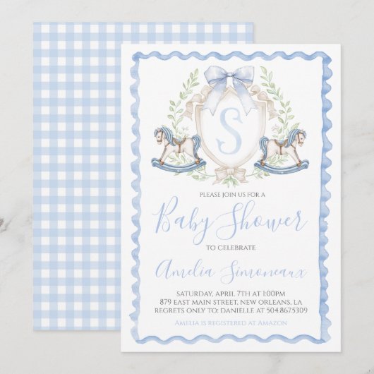 Baby Boy Shower Rocking Horse Preppy Gingham Blauw Kaart (Voorkant / Achterkant)